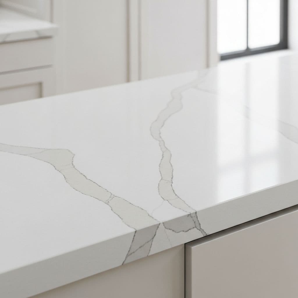 Large-format porcelain countertop slab with marble-look veining