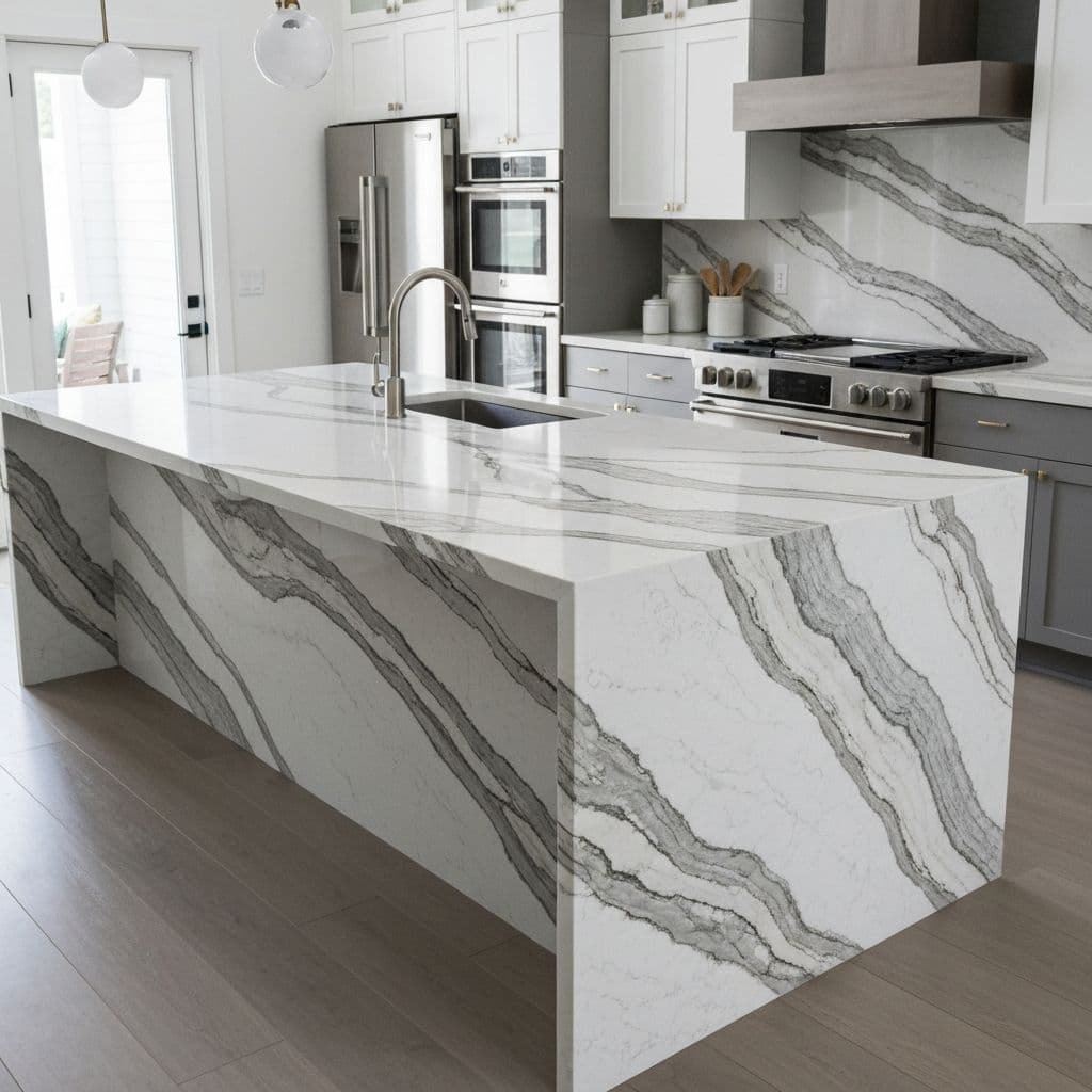 Natural quartzite countertop slab with dramatic veining