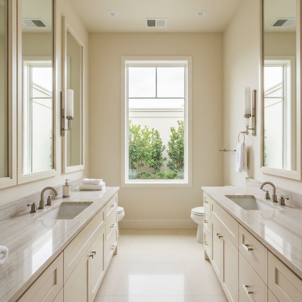 Custom stone bathroom vanity countertop with undermount sinks