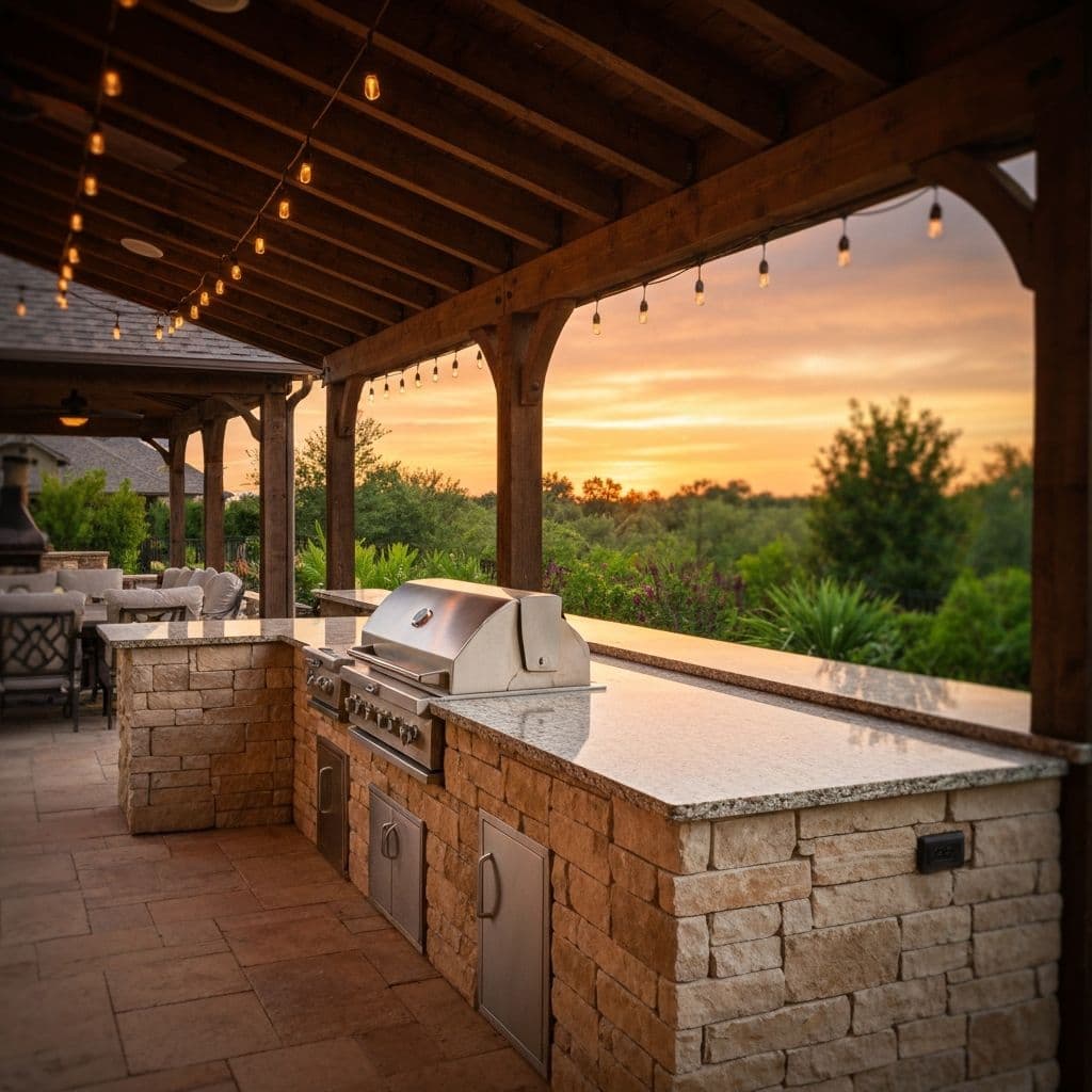 Outdoor kitchen with granite countertops and built-in grill