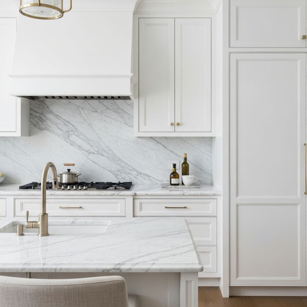 Bianco Carrara marble countertops in a classic kitchen