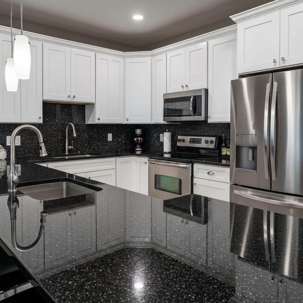 Black Galaxy granite countertop with speckled dark pattern in a modern kitchen