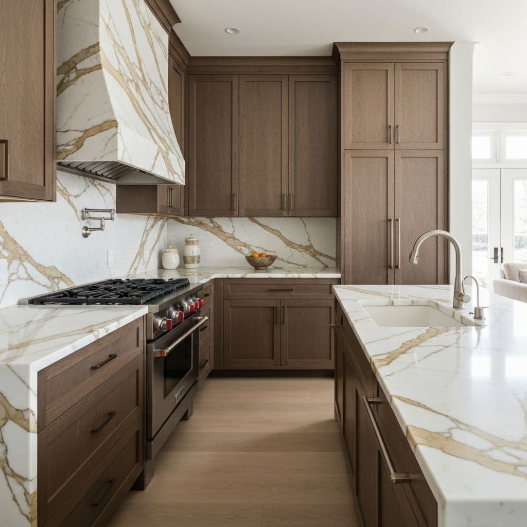 Warm gold-veined stone countertops in a 2026 trend kitchen