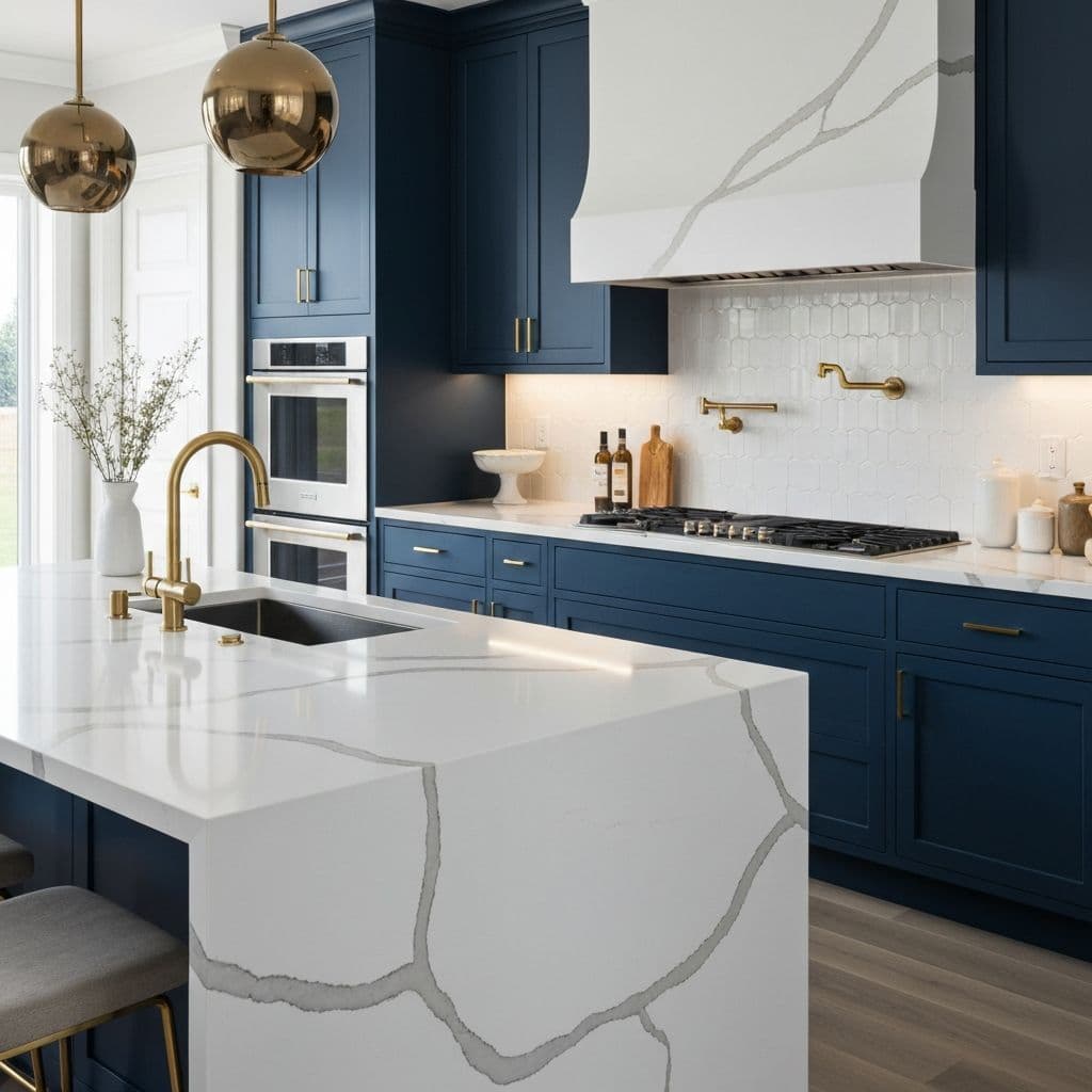 Calacatta Nuvo engineered quartz countertops in a modern kitchen