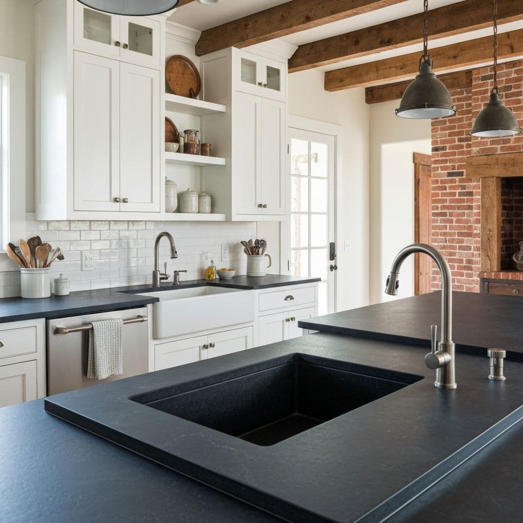 Dark charcoal soapstone countertops in a moody kitchen design
