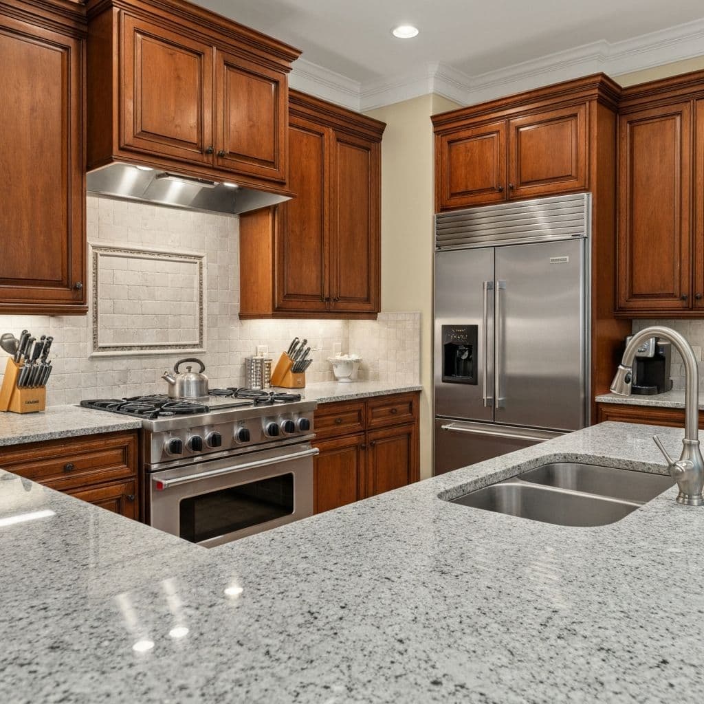 Colonial White granite countertops installed in a renovated kitchen