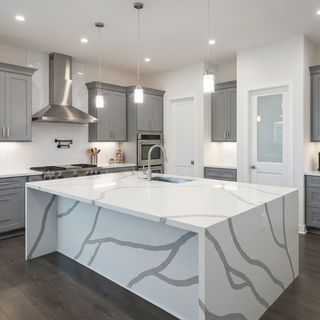 Statuario marble-look kitchen with white veined countertops and island