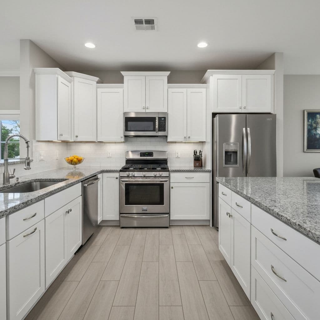 Steel gray granite countertops in a kitchen with dark cabinetry