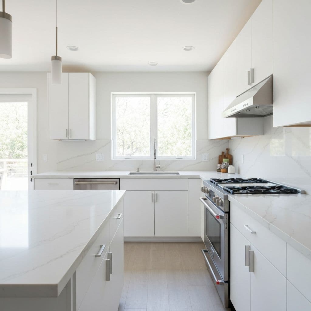 Bright white engineered quartz countertops in a modern kitchen