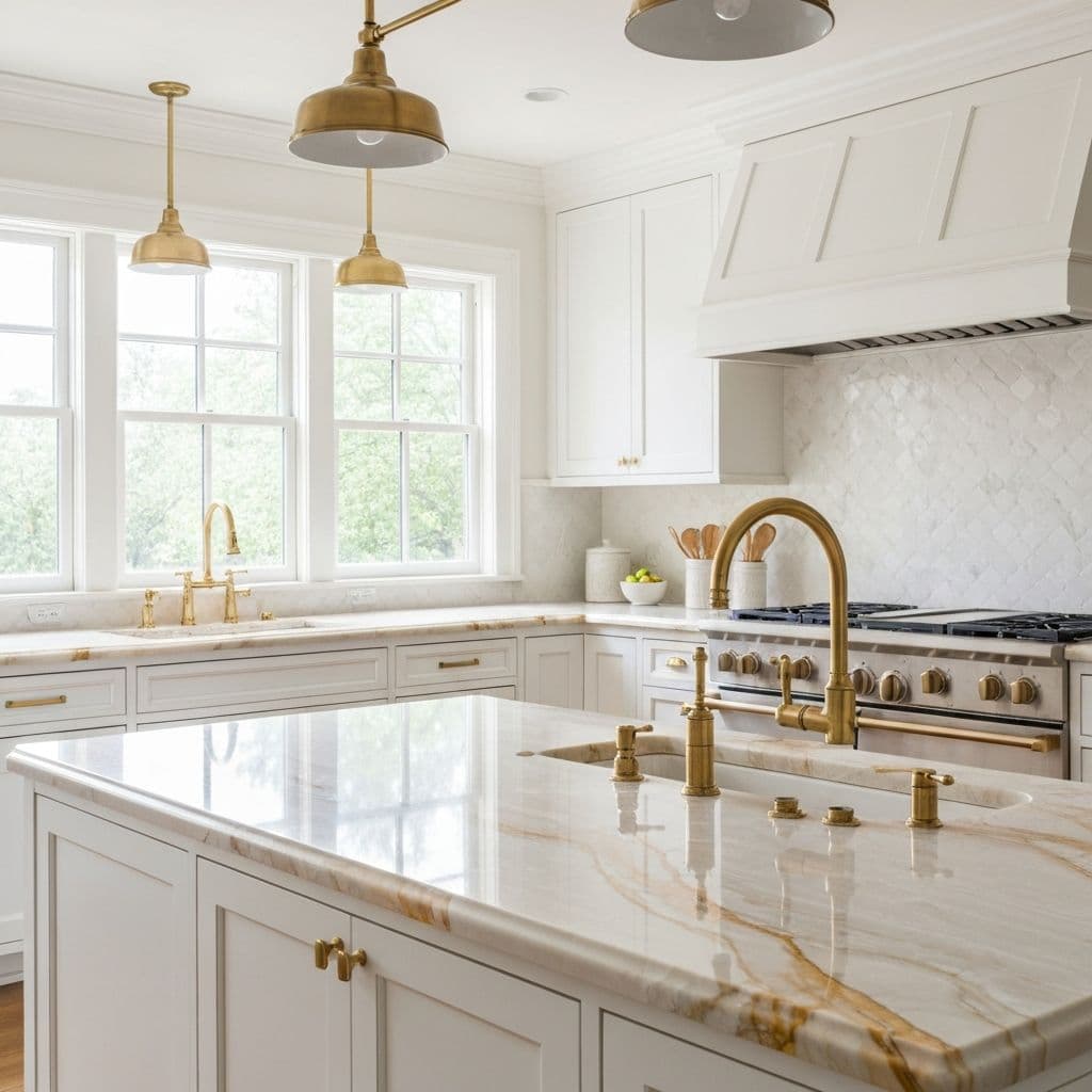 Taj Mahal quartzite countertops installed in a kitchen