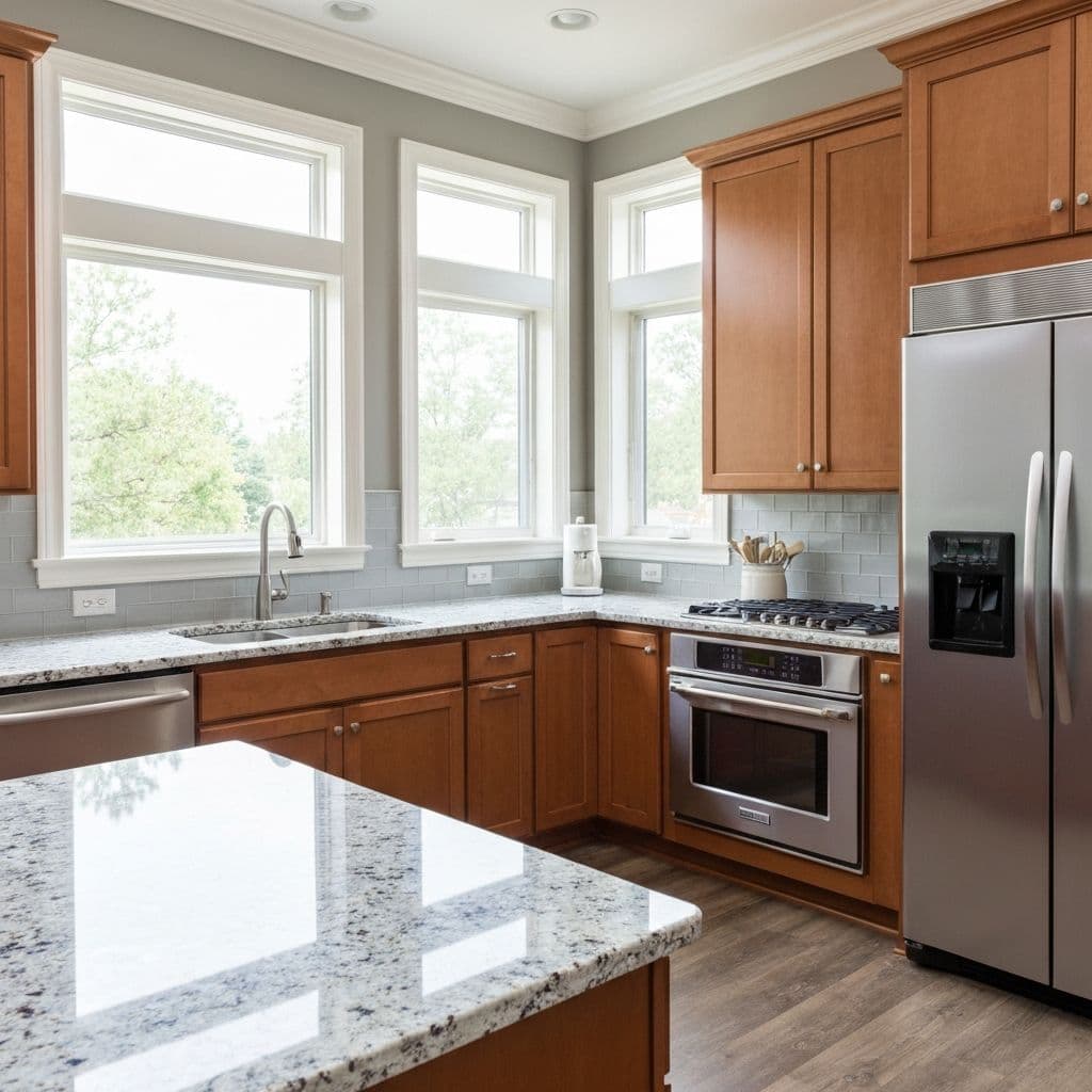 Clean white natural stone countertops in a bright kitchen