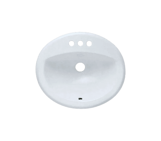 Oval white drop-in bathroom sink with three faucet holes